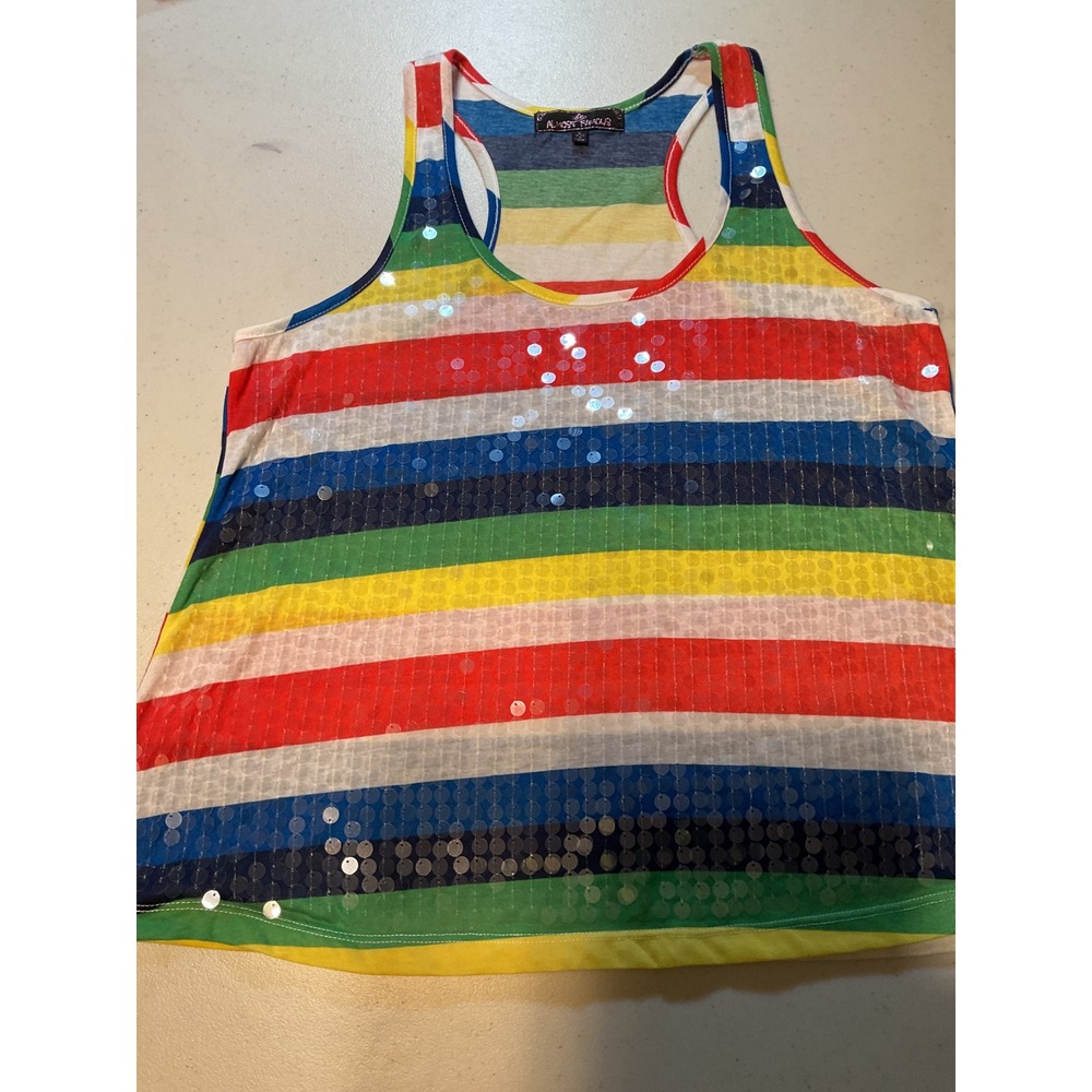 Almost‎ Famous Rainbow Stripe Sequin Tank Top Women's Size Large